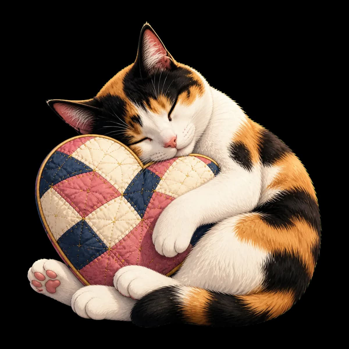 An illustration of sleepy Bonnie embracing a patchwork heart pillow