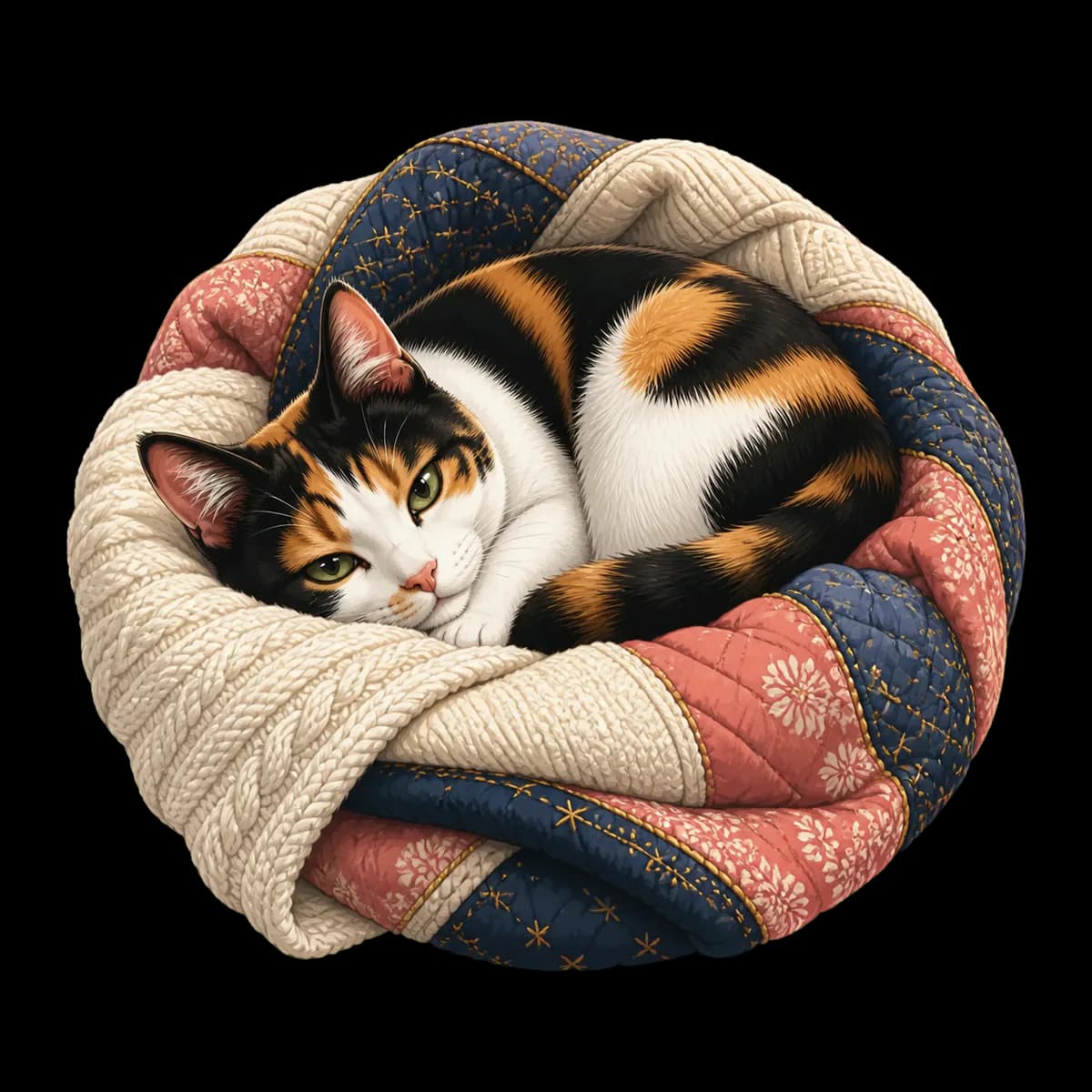 An illustration of Bonnie curled asleep inside a soft patchwork blanket