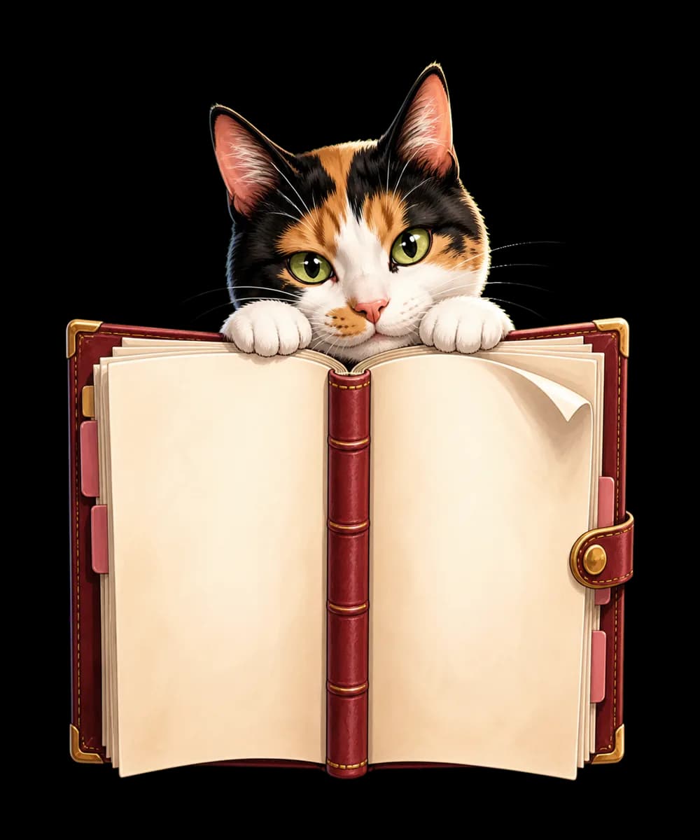 An illustration of curious Bonnie peeking over an open leather book