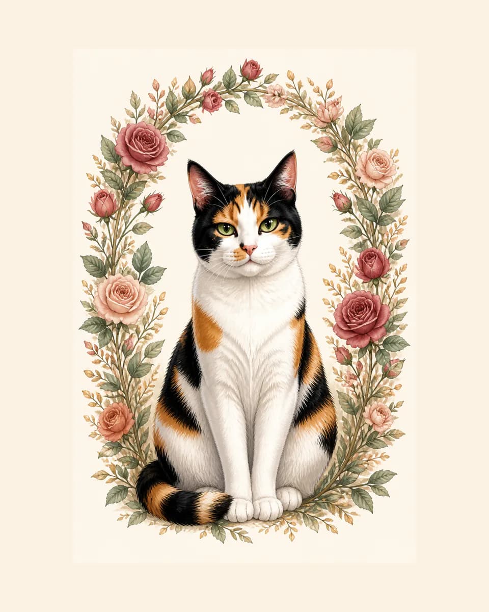 An elegant illustrated portrait of Bonnie inside a rose and leaf arch