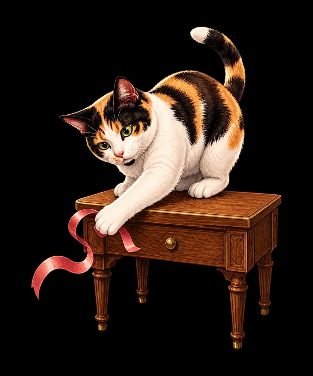 An illustration of playful Bonnie unspooling a rose ribbon from a little table