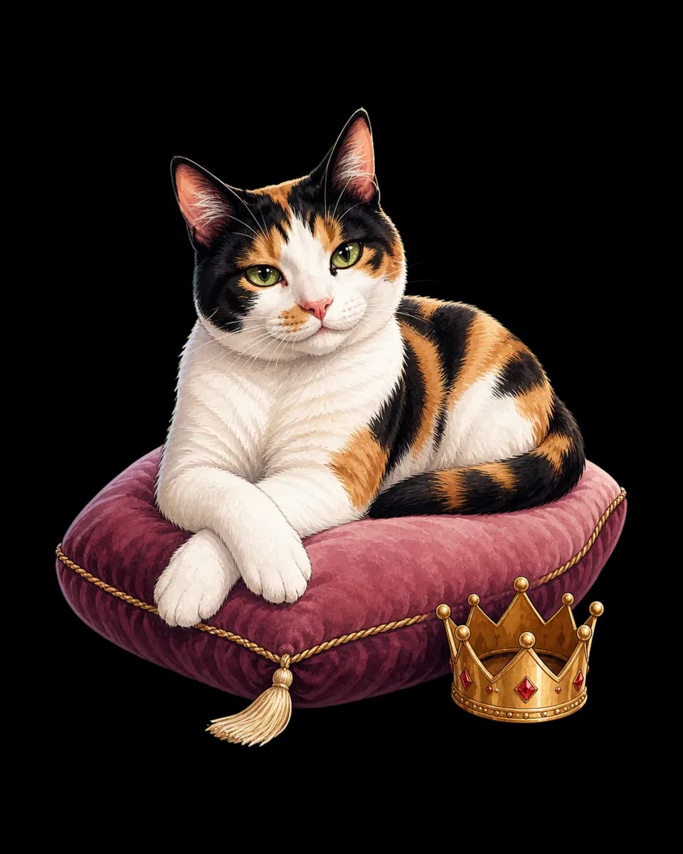 An illustration of relaxed Bonnie on a plum velvet cushion beside a tiny crown
