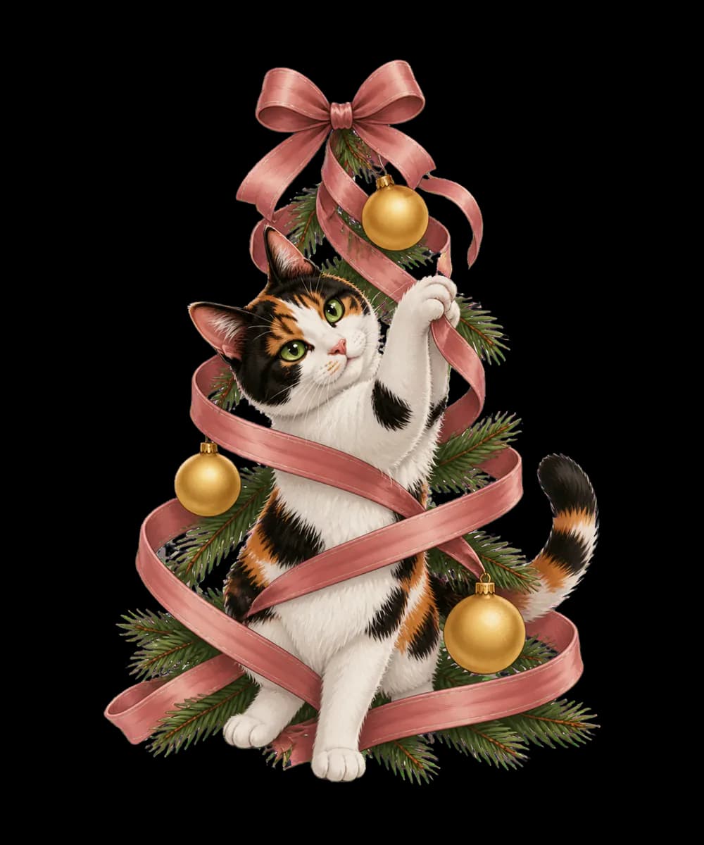 Illustrated Bonnie playing with ribbon beneath a Christmas tree