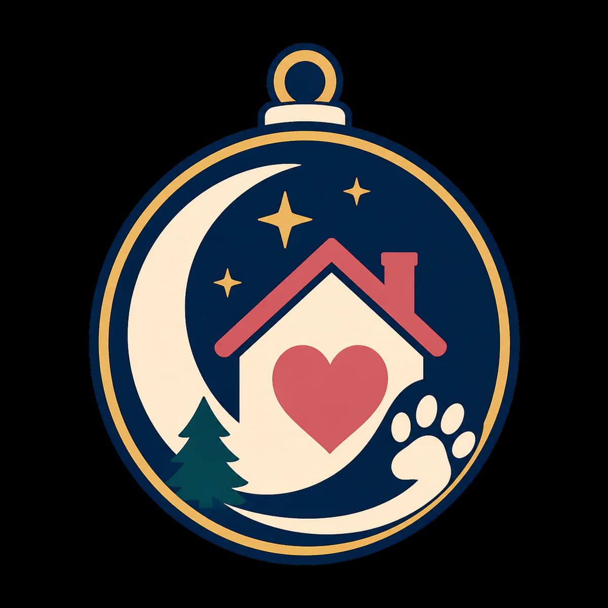 A graphic house and family ornament emblem for Christmas