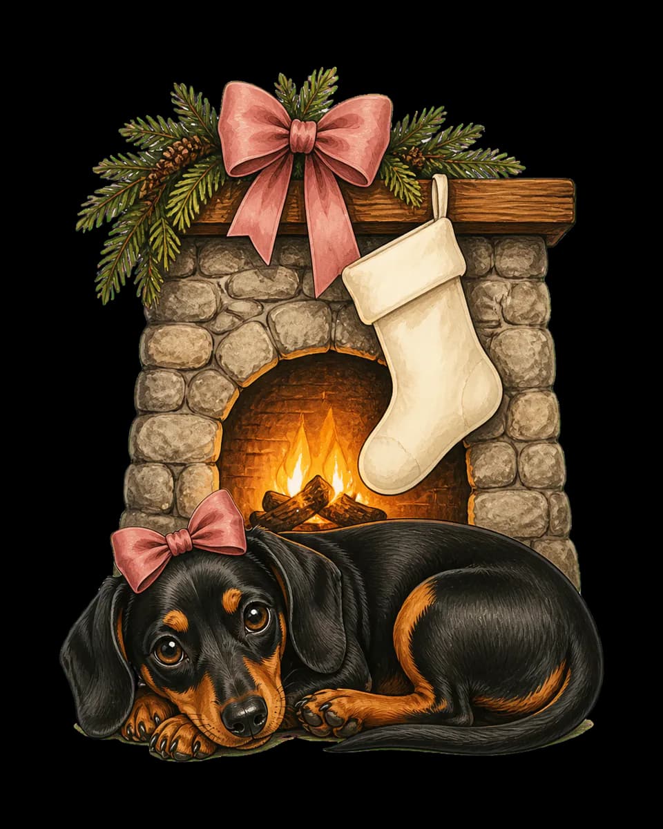 Illustrated Luna curled beside a warm decorated Christmas hearth