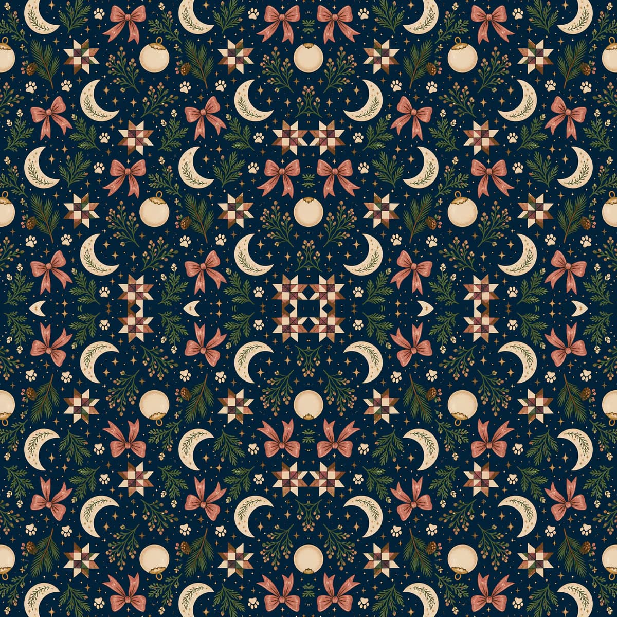 A repeating Christmas pattern of moons, stars, paws and tiny ornaments