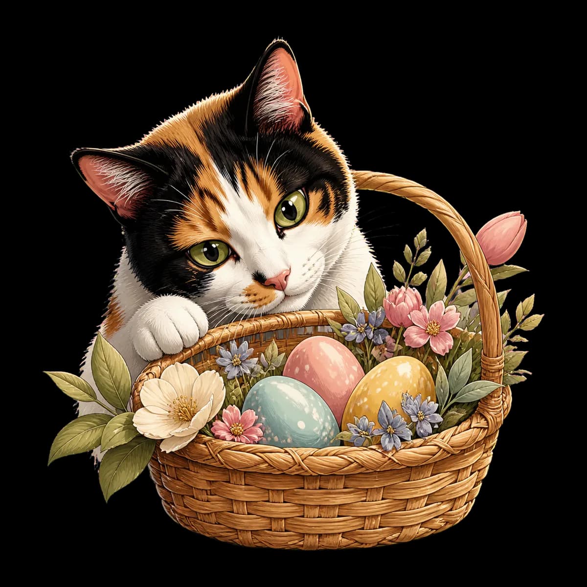 Illustrated Bonnie peeking curiously into an Easter basket