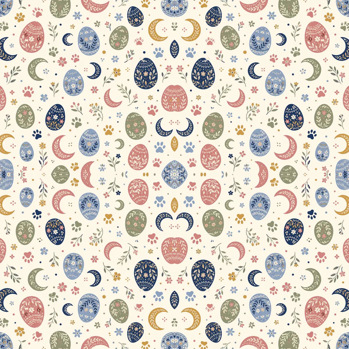 A repeating spring pattern of painted eggs, moons, bows and paws