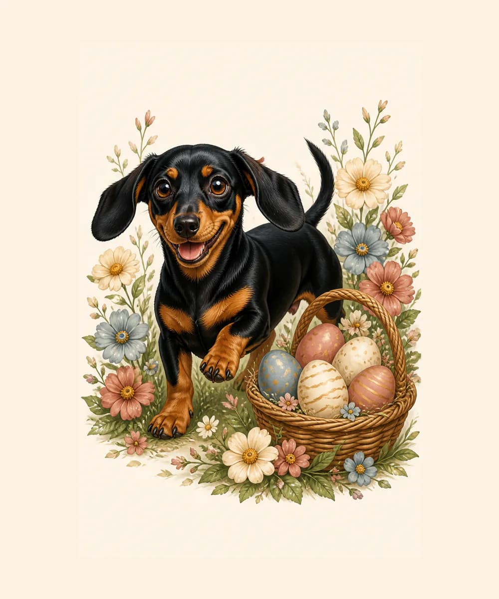 Illustrated Luna in a flowering spring garden with painted eggs