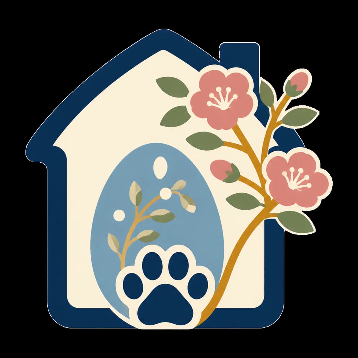A graphic spring house and flower emblem for Easter