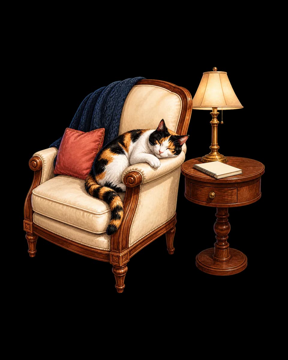 Illustrated Bonnie sleeping peacefully in a large comfortable chair