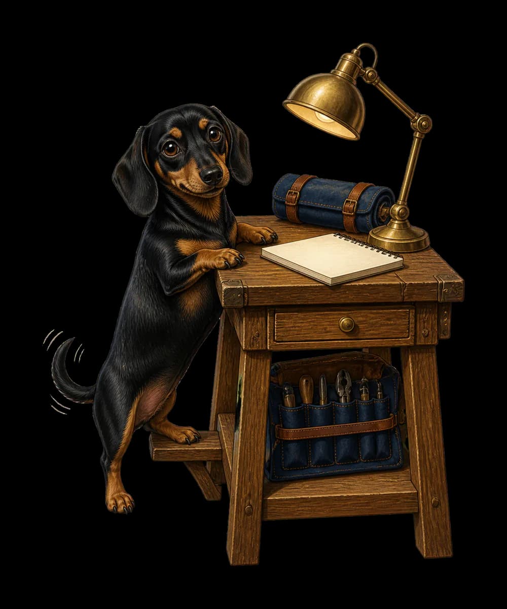 Illustrated Luna sitting proudly in a warm family workshop