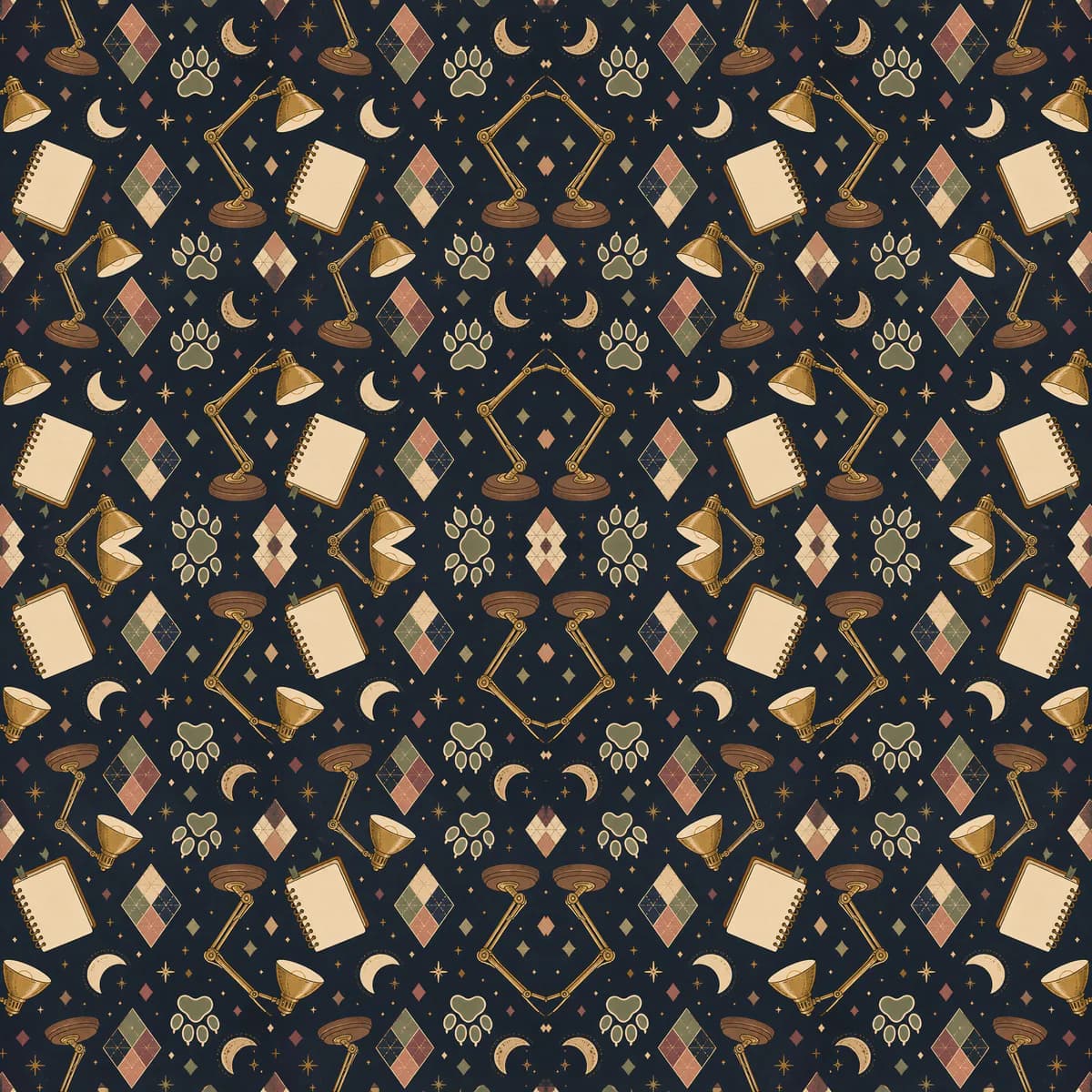 A repeating Father’s Day pattern of paws, tools, moons and home marks