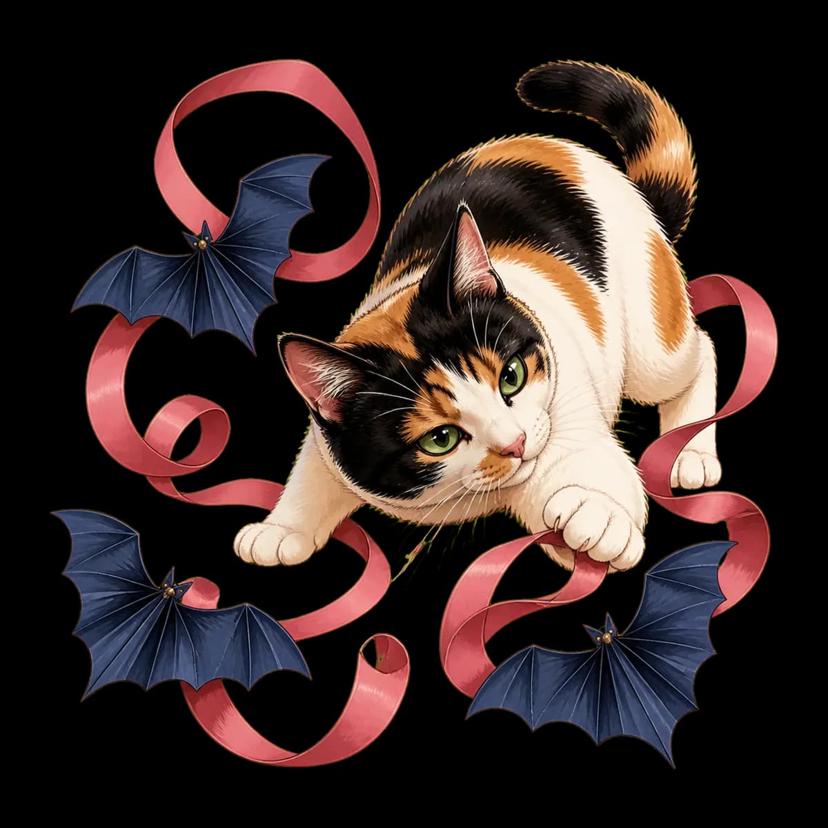 Illustrated Bonnie playing with a ribbon beneath small decorative bats