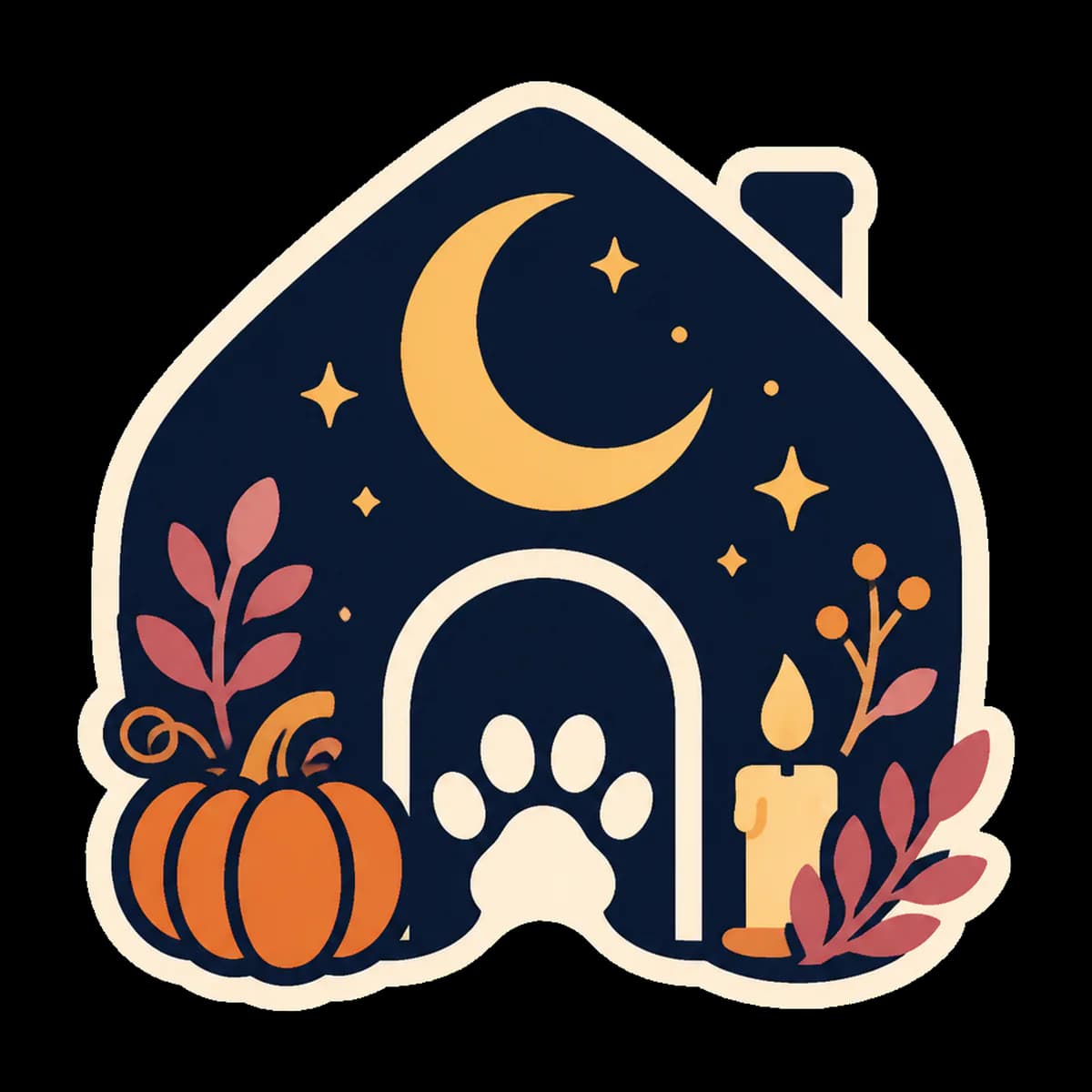 A graphic house, moon and pumpkin emblem for the Halloween collection