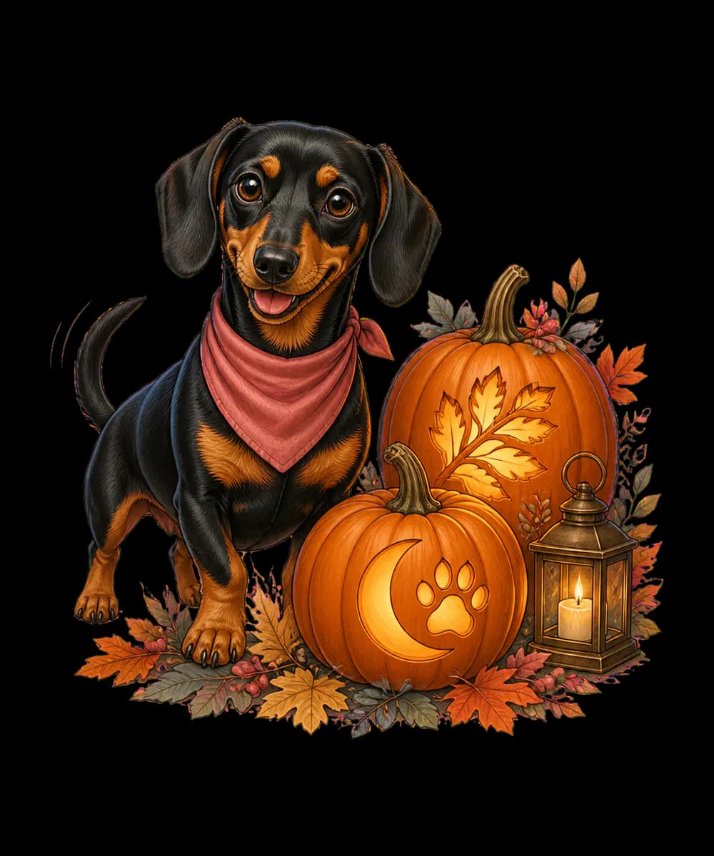 Illustrated Luna sitting happily among pumpkins on a moonlit porch
