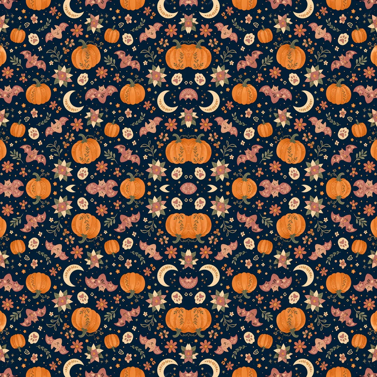 A repeating pattern of pumpkins, moons, paws and small stars