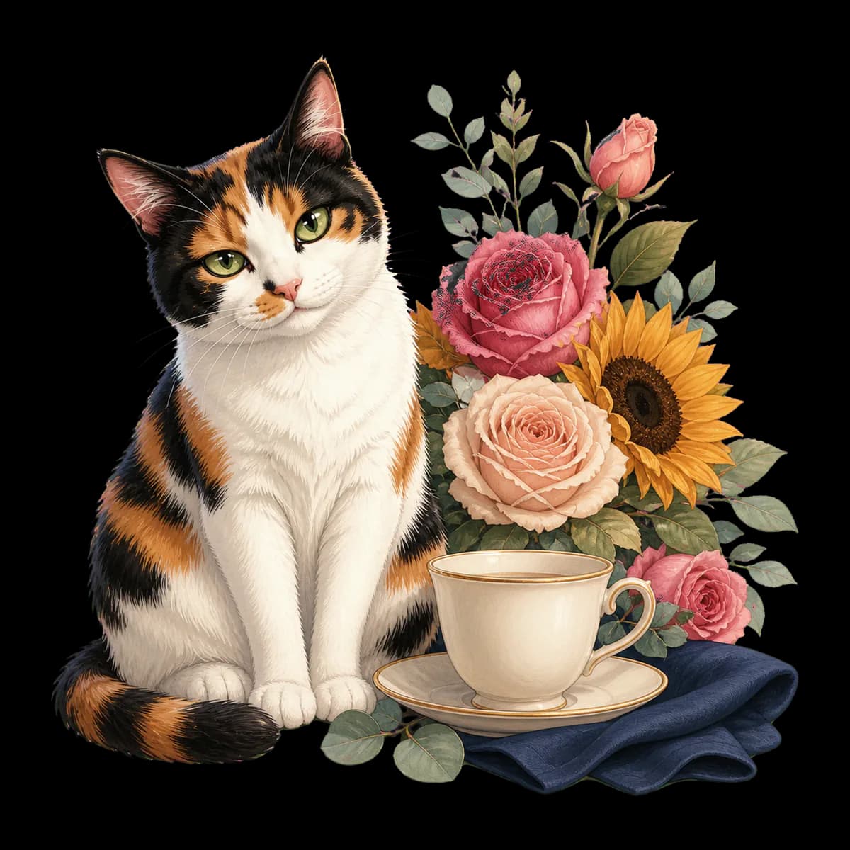 Illustrated Bonnie beside a teacup in a flowering garden