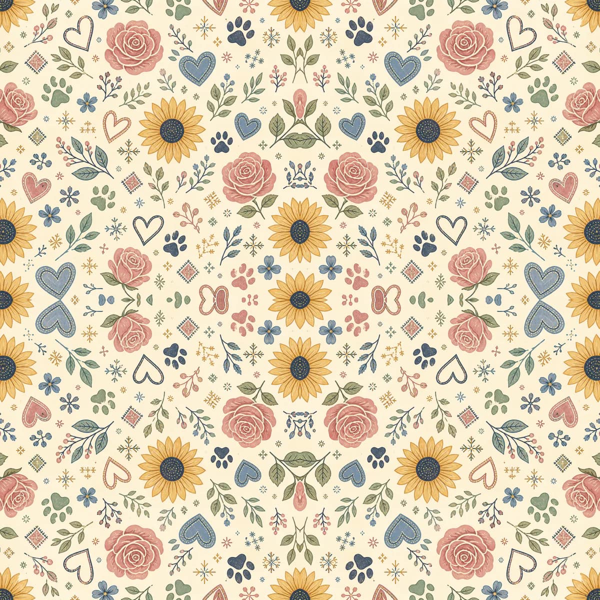 A repeating Mother’s Day pattern of roses, paws, bows and tiny hearts