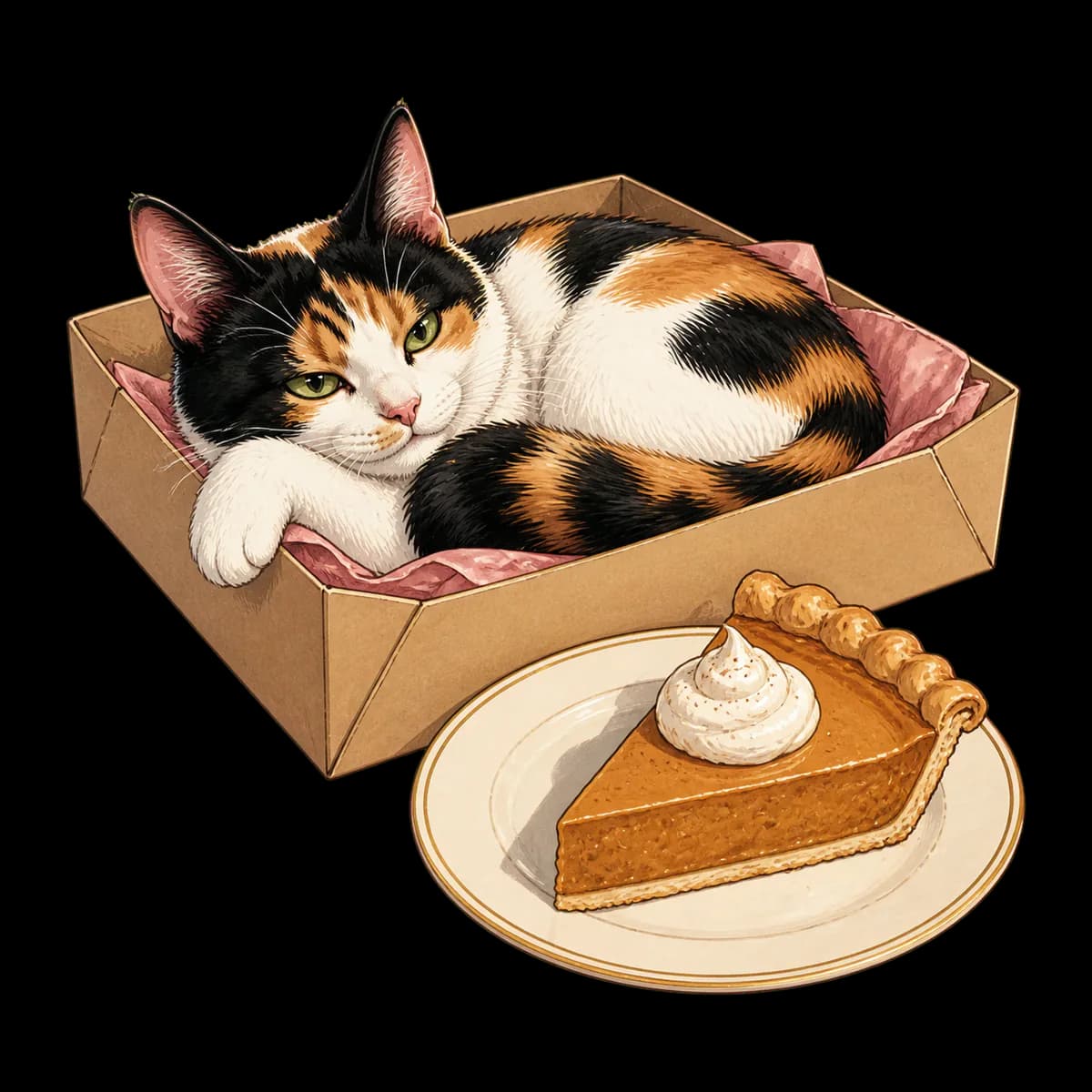 Illustrated Bonnie curiously inspecting a pie box