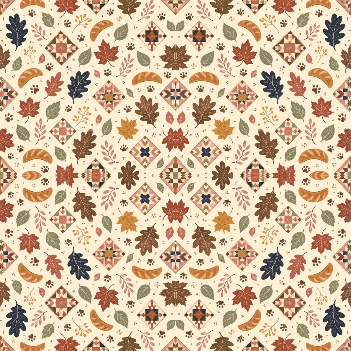 A repeating pattern of autumn leaves, paws and small home motifs