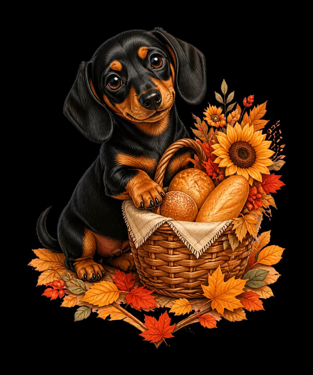 Illustrated Luna beside a warm harvest heart of leaves and flowers