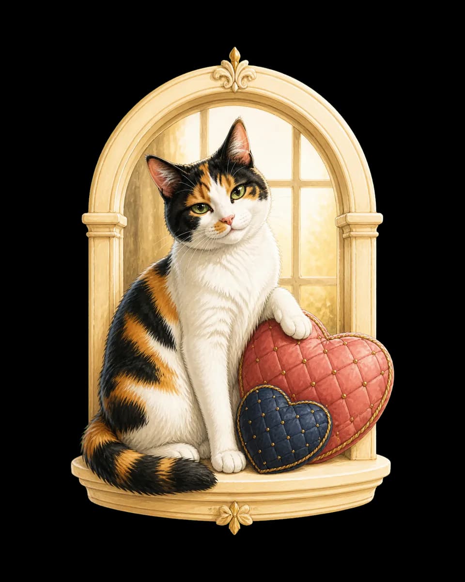 Illustrated Bonnie sitting sweetly in a heart-shaped window