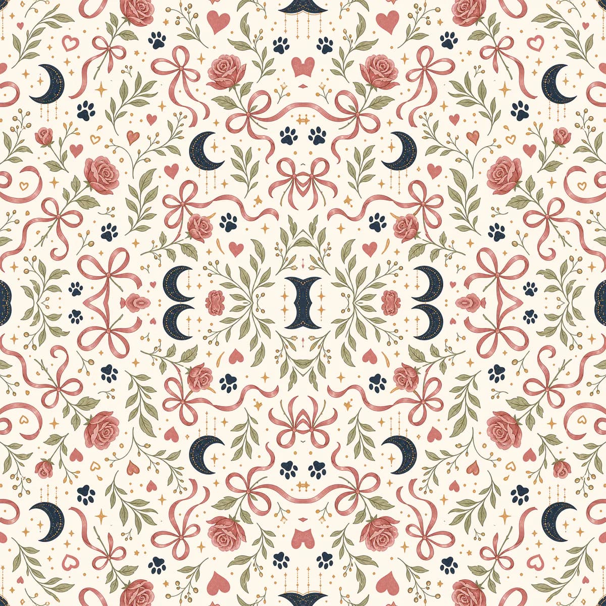 A repeating Valentine pattern of ribbons, roses, moons and paws