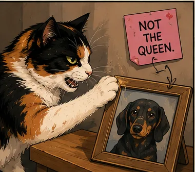 Bonnie laying one paw flat across a framed photograph of Luna, beside a sticky note reading NOT THE QUEEN