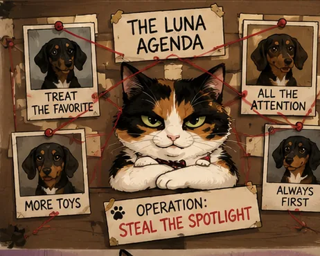 Bonnie in front of a wall of pinned photographs of Luna labelled TREAT THE FAVORITE, ALL THE ATTENTION, MORE TOYS and ALWAYS FIRST, under a heading reading THE LUNA AGENDA