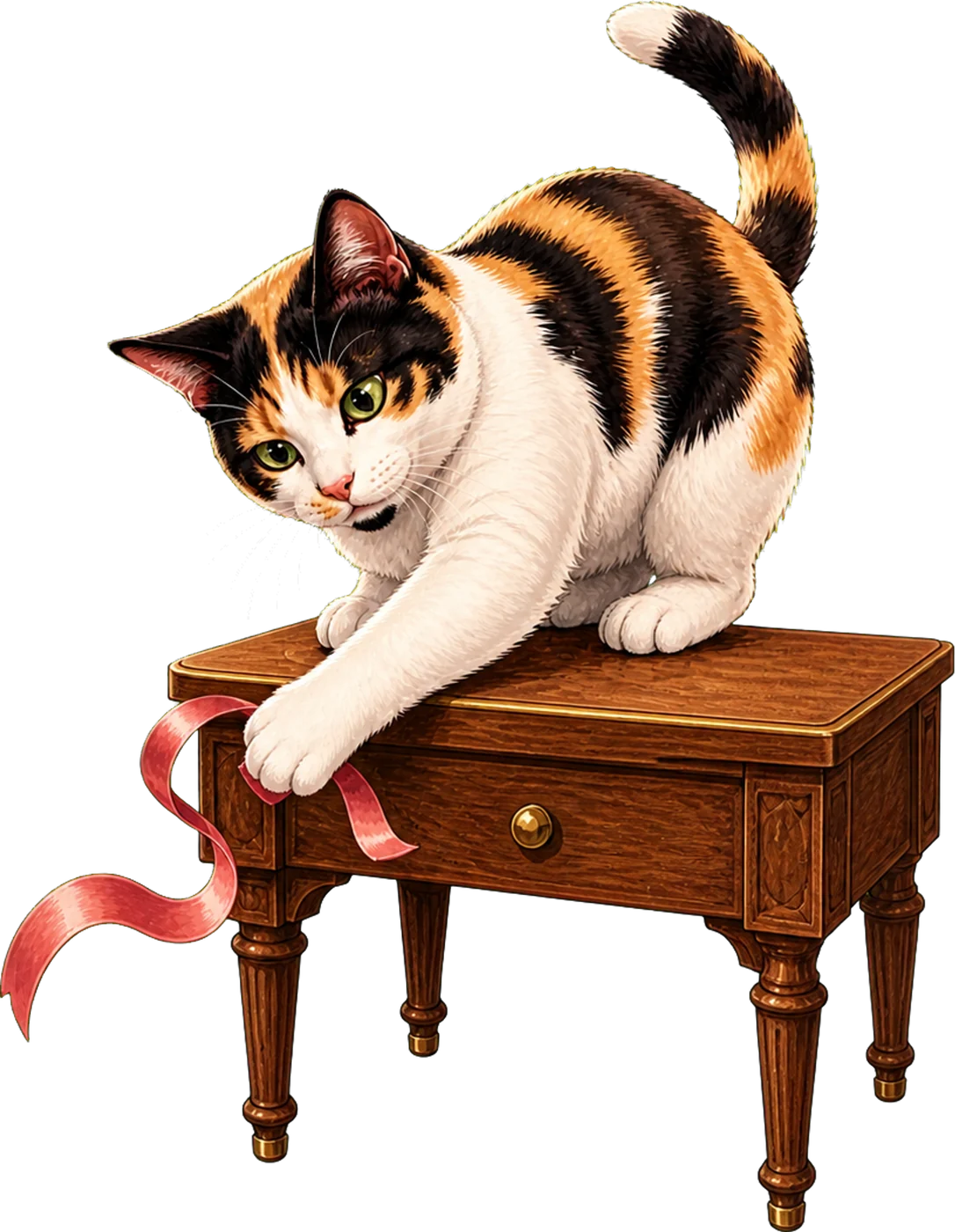 Bonnie playing mischievously with a curling ribbon — the illustration printed on a stainless skinny tumbler