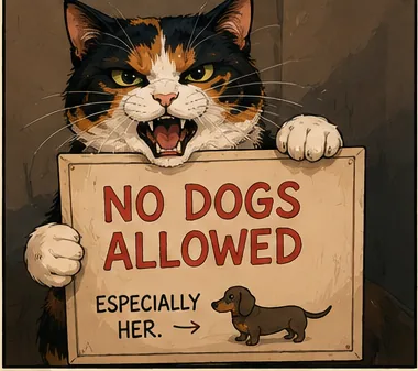 Bonnie holding a wooden sign that reads NO DOGS ALLOWED, with smaller lettering underneath reading ESPECIALLY HER and a small arrow pointing at a drawing of a dachshund