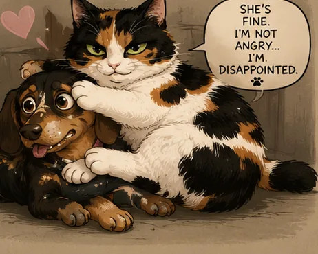Bonnie curled up next to a sleeping Luna with one paw over her, insisting SHE'S FINE. I'M NOT ANGRY... I'M DISAPPOINTED.