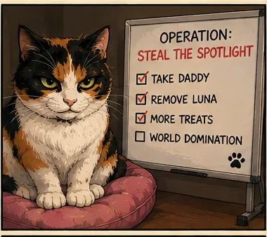 Bonnie beside a whiteboard headed OPERATION: STEAL THE SPOTLIGHT with a checklist reading take daddy, remove Luna, more treats, world domination — the last box still unticked