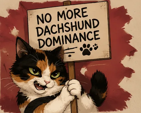 Bonnie standing on her hind legs holding up a hand-lettered protest sign that reads NO MORE DACHSHUND DOMINANCE