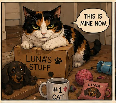 Bonnie sitting squarely on top of a cardboard box labelled LUNA'S STUFF, announcing THIS IS MINE NOW, with a number one cat mug beside her