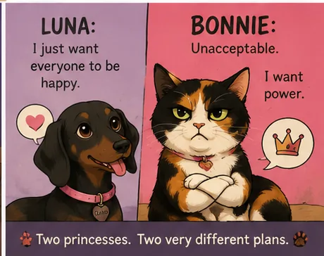 A split panel: Luna the dachshund saying I just want everyone to be happy, and Bonnie saying Unacceptable. I want power. The caption reads Two princesses. Two very different plans.