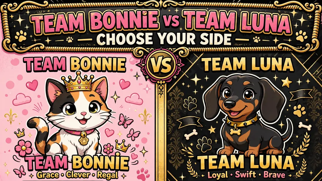 A two-sided poster headed TEAM BONNIE vs TEAM LUNA, CHOOSE YOUR SIDE. On the pink half Bonnie sits in a gold crown under the words TEAM BONNIE and Grace, Clever, Regal. On the black and gold half Luna, a black-and-tan dachshund in a gold collar, sits under the words TEAM LUNA and Loyal, Swift, Brave.