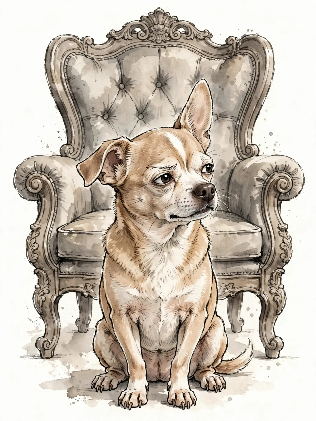 Bruno sitting in front of an ornate armchair several times his own size