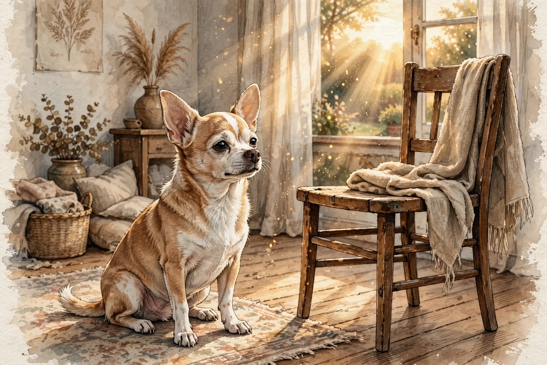 Bruno sitting on a wooden floor beside an empty wooden chair, morning light coming through the curtains