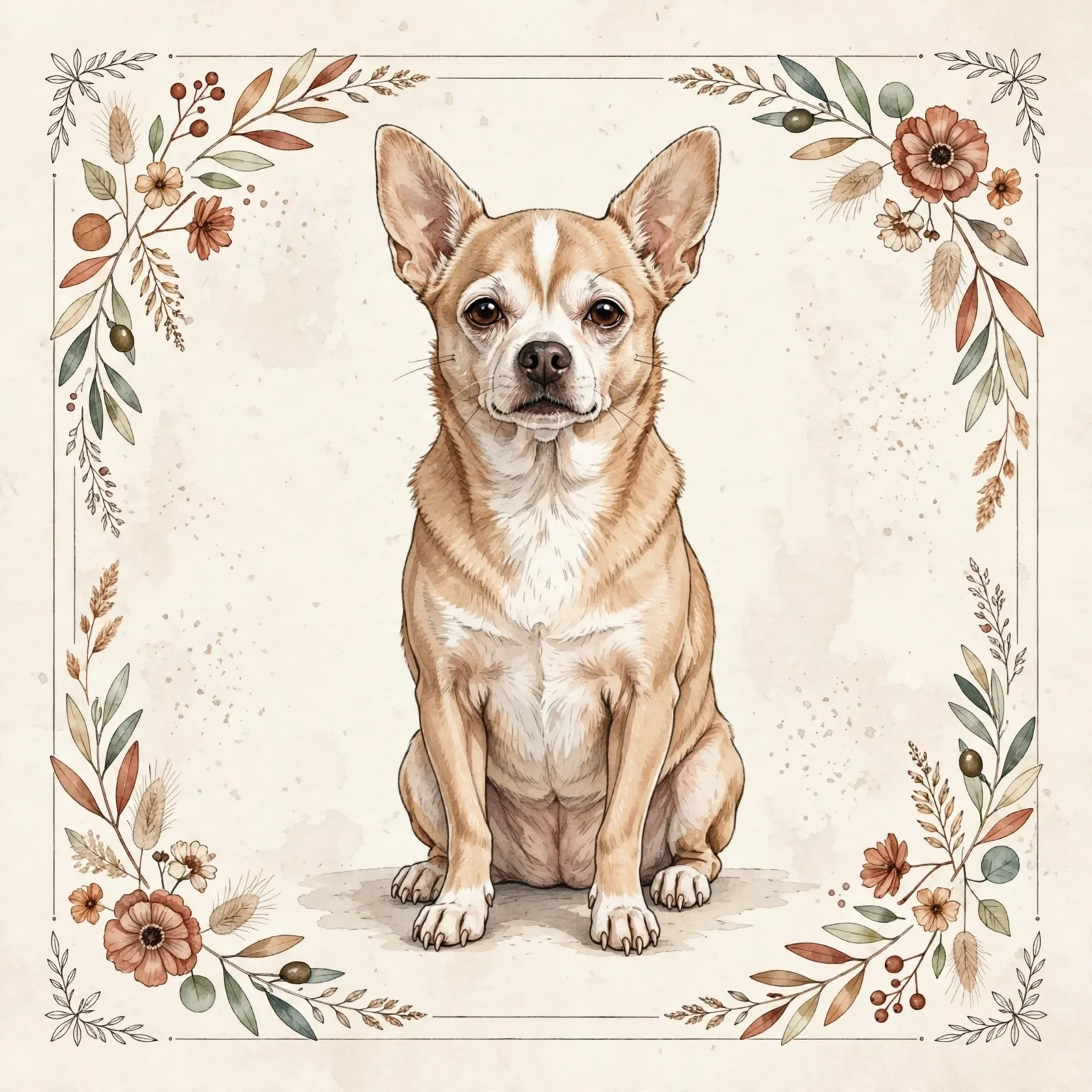 Bruno sitting inside a painted floral border