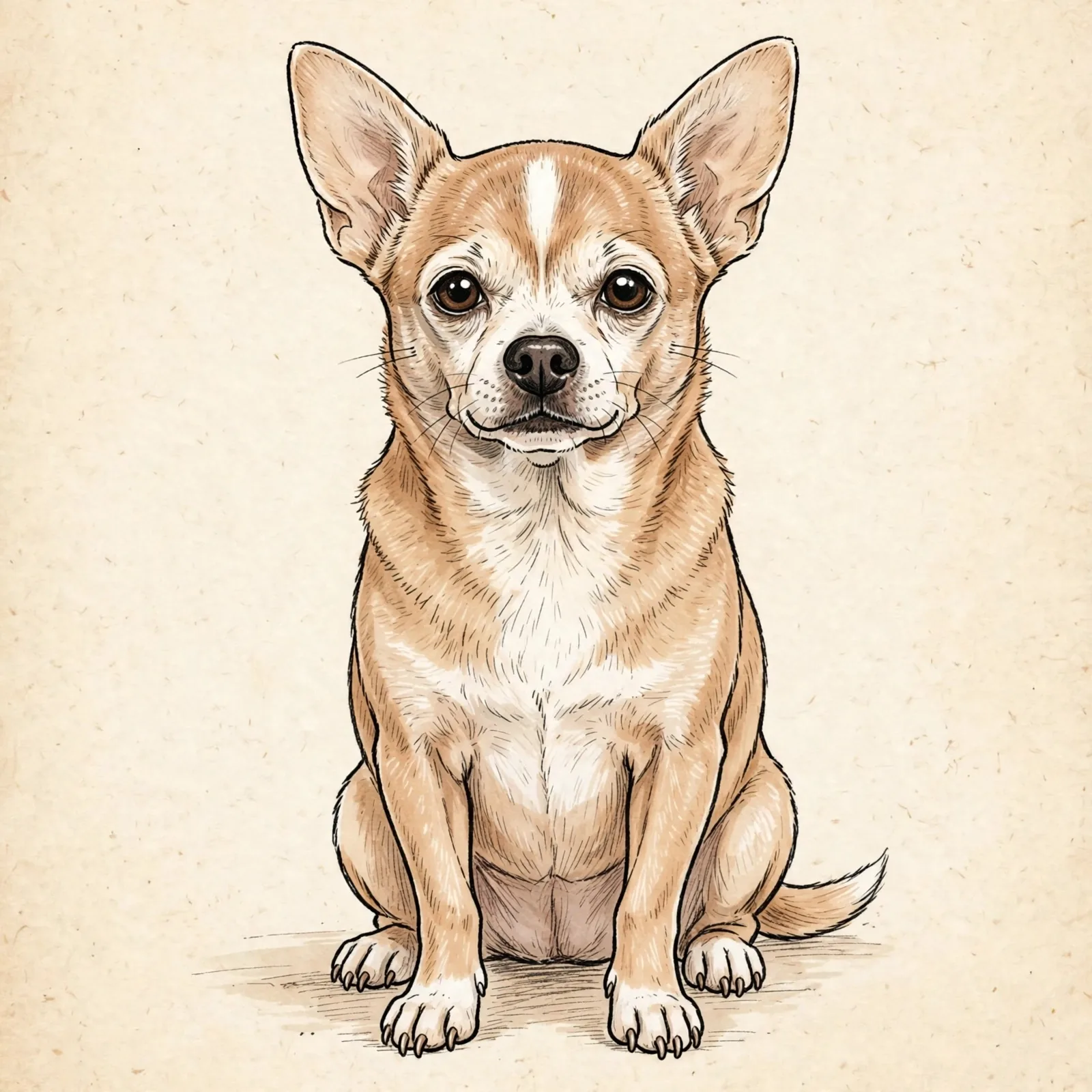 Bruno sitting square to the viewer, ears up, the white blaze running from between his eyes to his crown