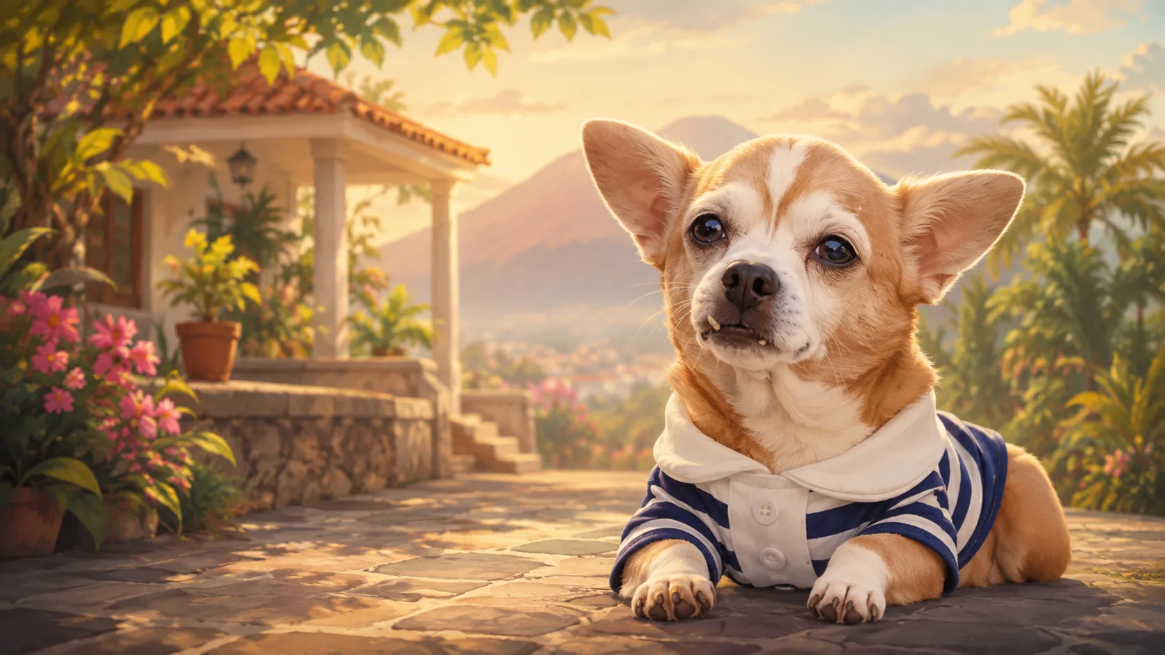Bruno lying on a warm stone terrace in a Salvadoran garden, a volcano and palms behind him, drawn in the SalchiLuna house style