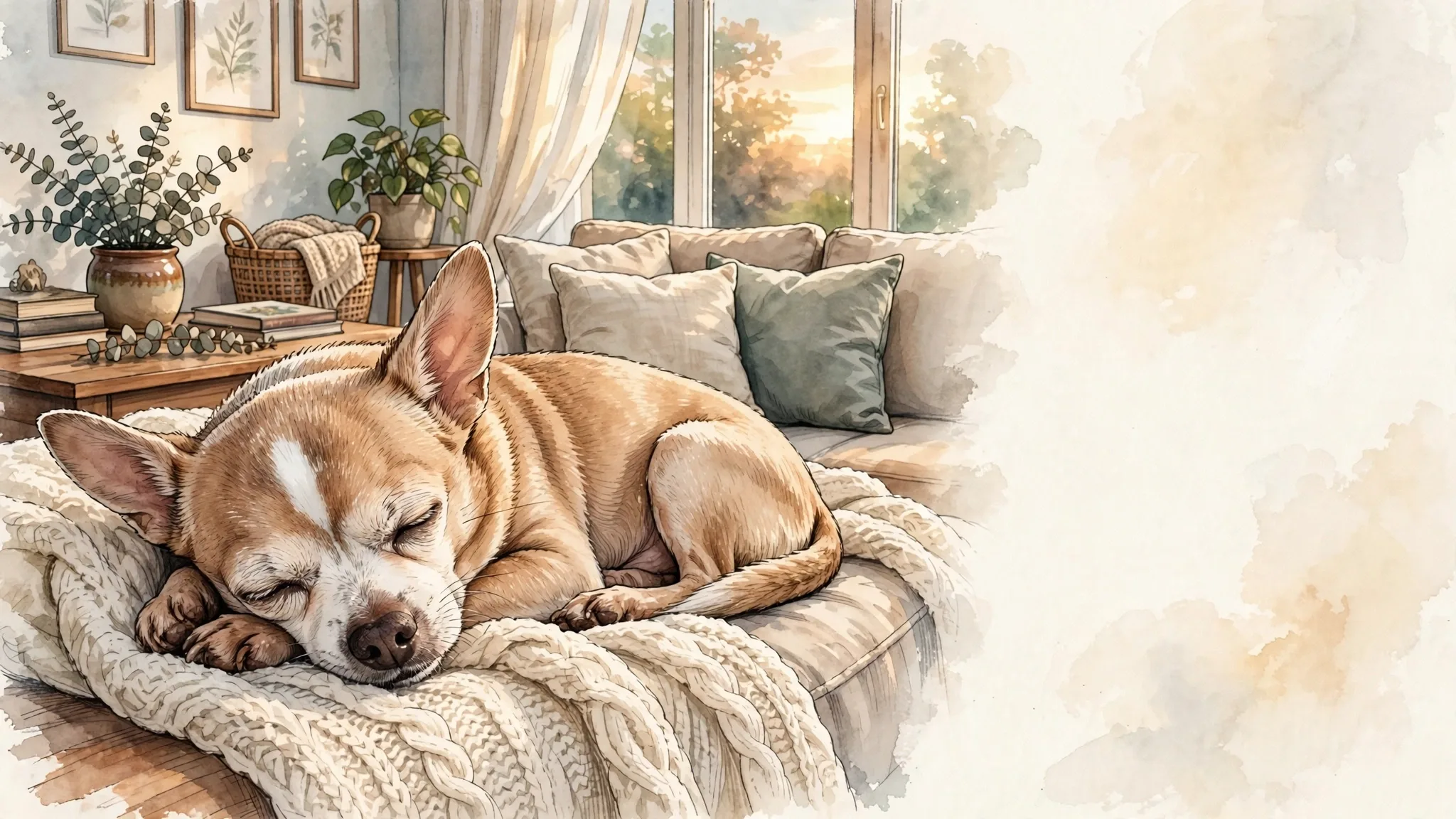 Bruno asleep on a cream knitted blanket on a couch, warm light coming through the window behind him