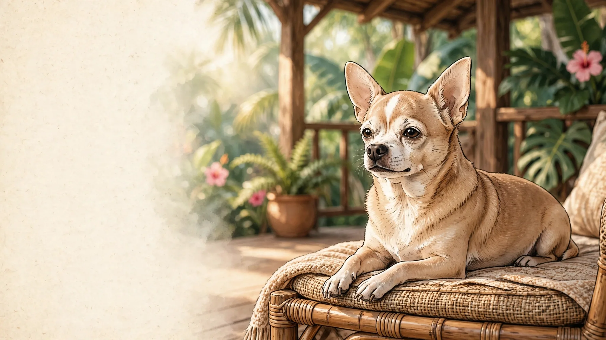 Bruno lying on a wicker table on a Salvadoran porch, flowering plants and greenery around him