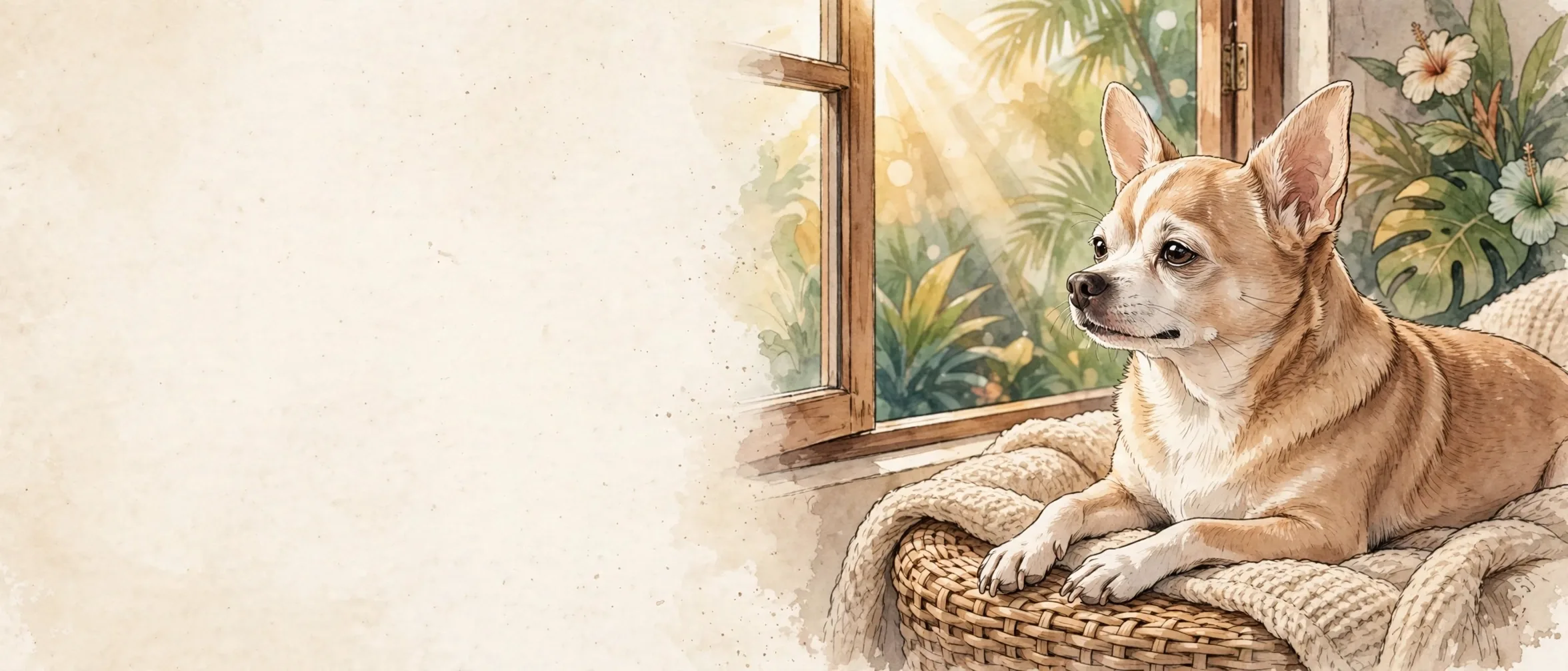 Bruno lying in a basket at an open window with the sunlight coming in past him