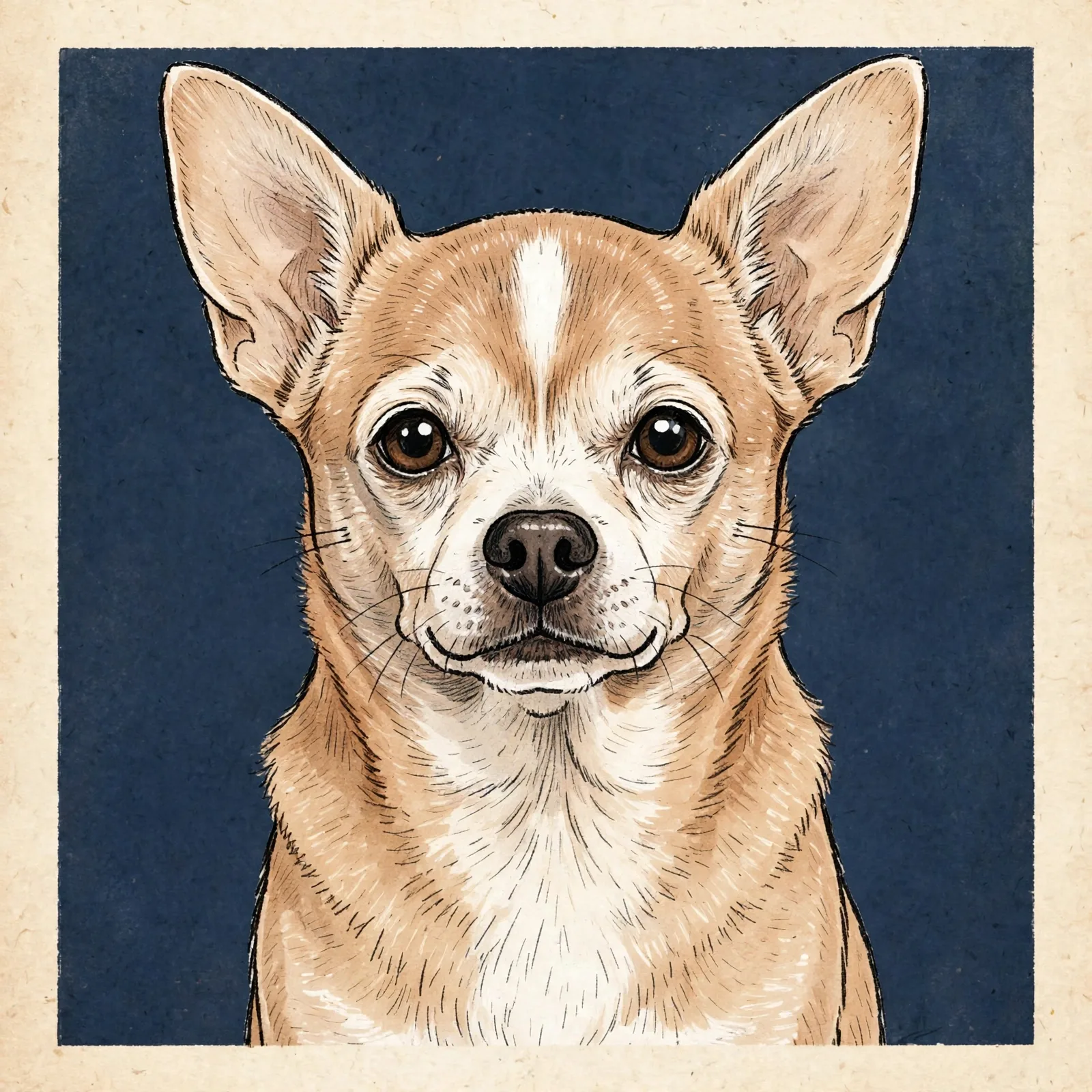 A portrait of Bruno against a deep navy ground, ears up, looking straight out at the viewer