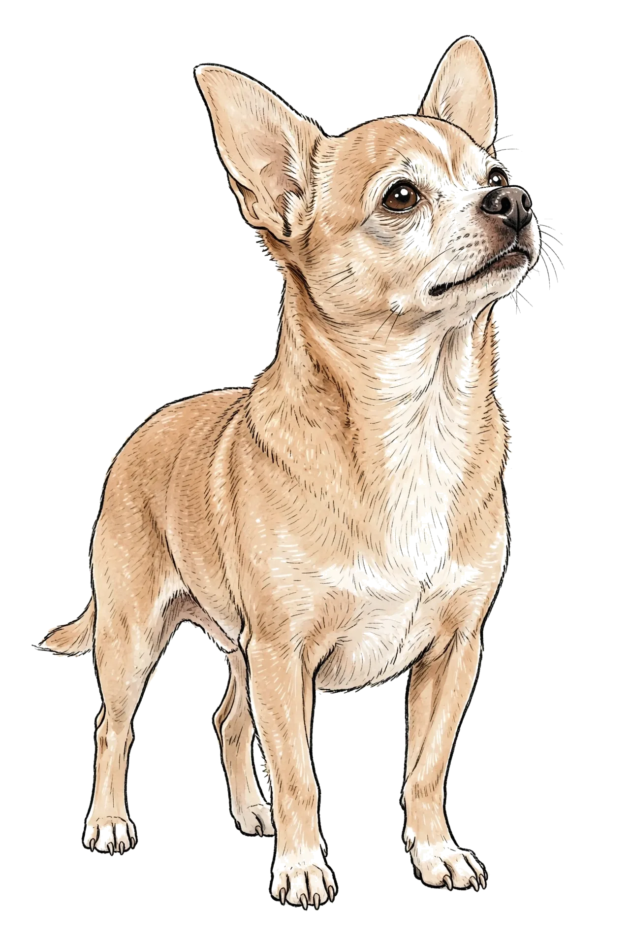 Bruno standing at three-quarters with his head lifted, looking up and away from the viewer
