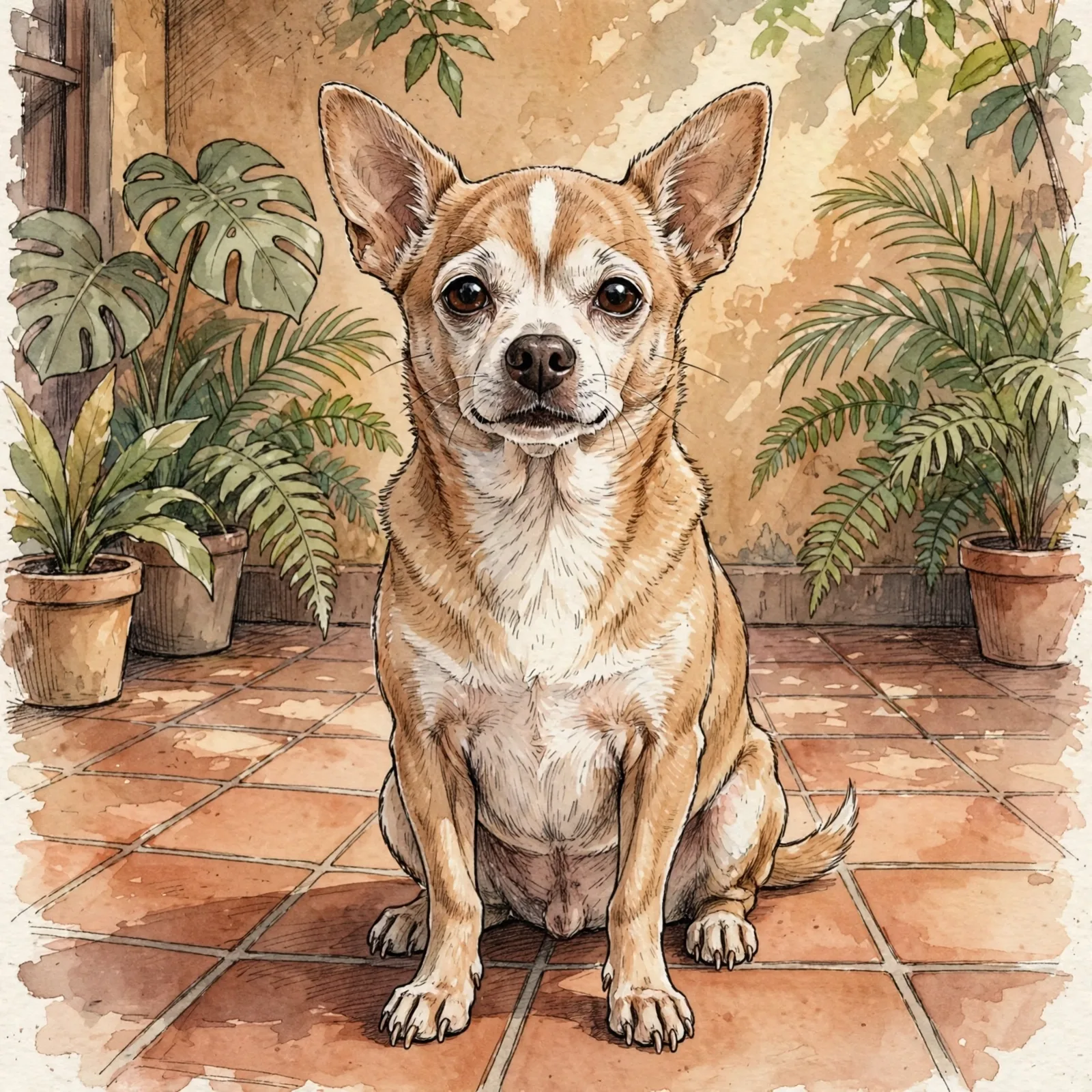Bruno sitting on a terracotta-tiled floor in front of a wall of potted plants
