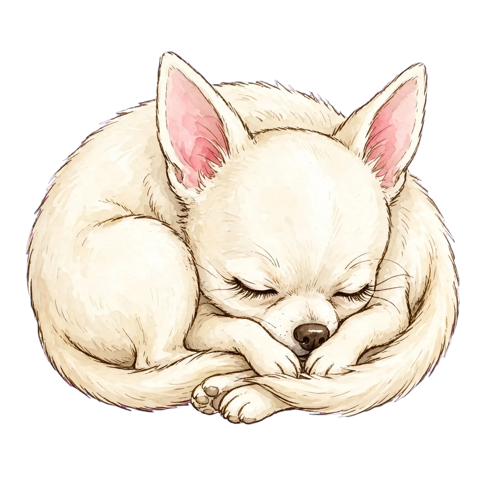 Chanel drawn curled into a small cream-coloured spiral, asleep with her chin resting on her front paws, ears folded back and pink-lined, drawn in soft warm watercolour with fine fur linework